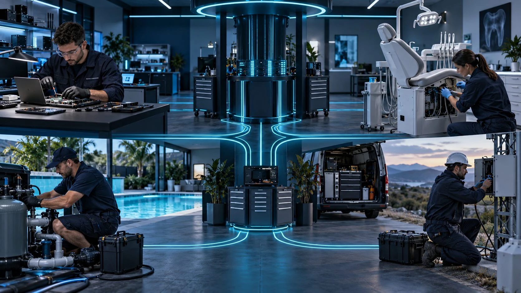 SCC capability illustration connecting electronics repair, specialist equipment servicing, pool maintenance and field service professions