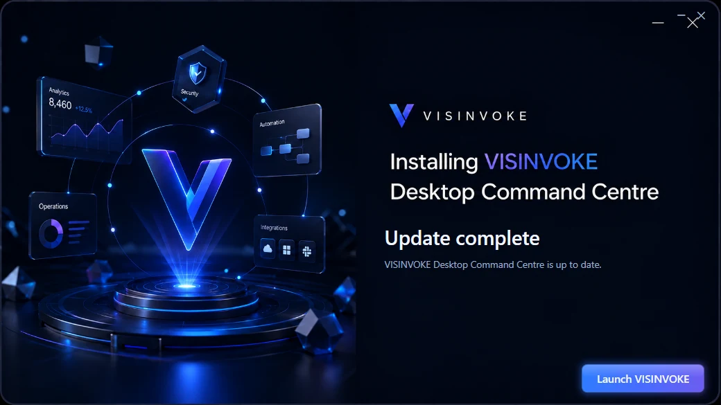 Genuine VISINVOKE Desktop Command Centre installer showing a completed update and Launch VISINVOKE