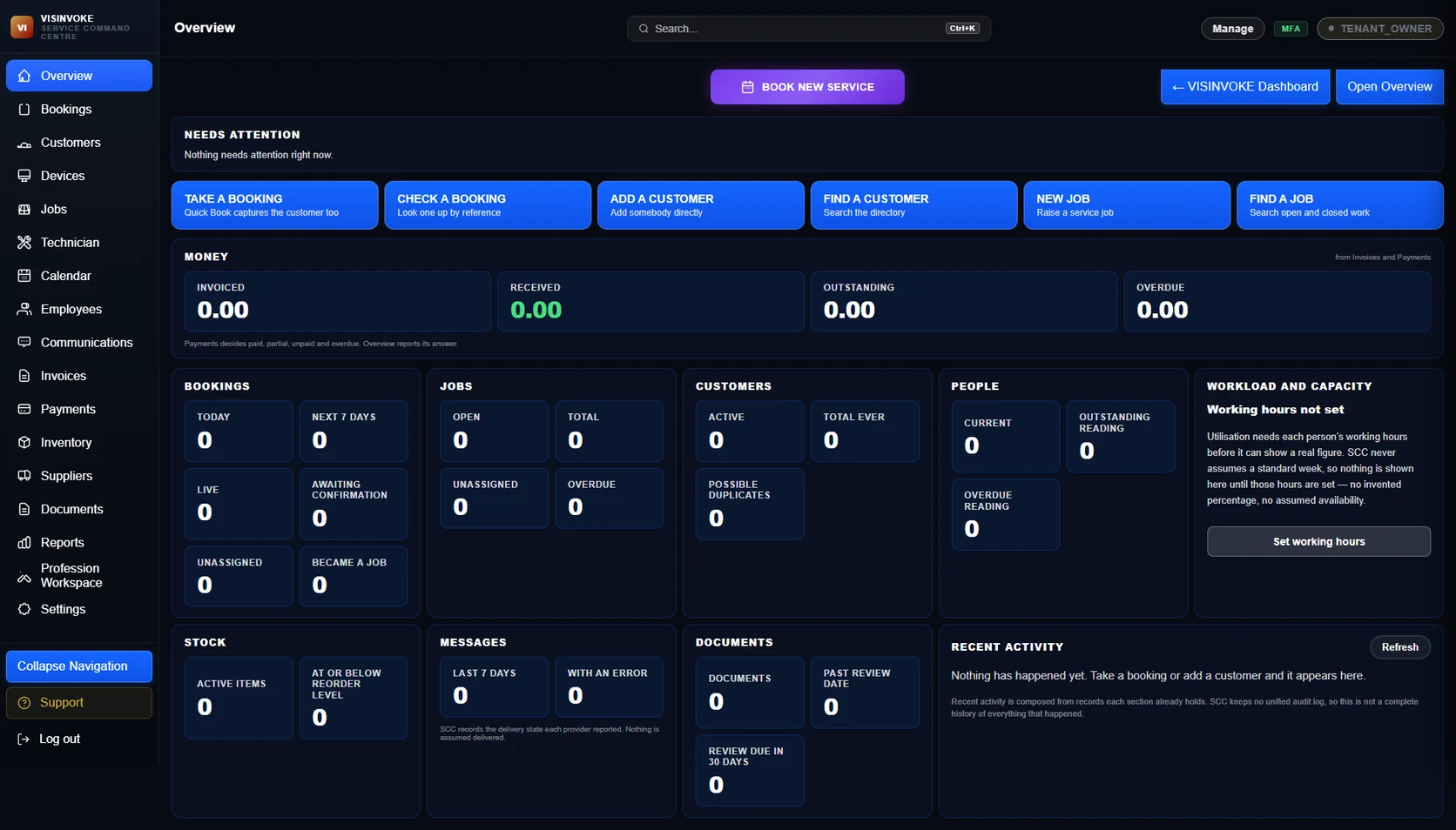 Genuine Service Command Centre Overview with booking actions, money, jobs, customers, people, stock, messages and document summaries in an empty business account